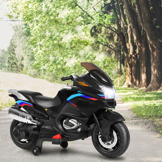Electric Kids Ride On Motorcycle with Training Wheels - Black (12V)