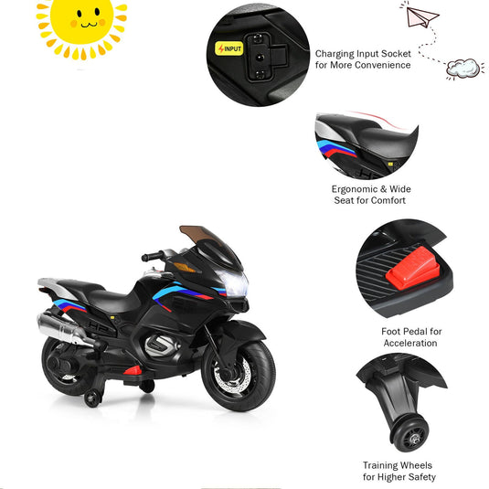 Electric Kids Ride On Motorcycle with Training Wheels - Black (12V)