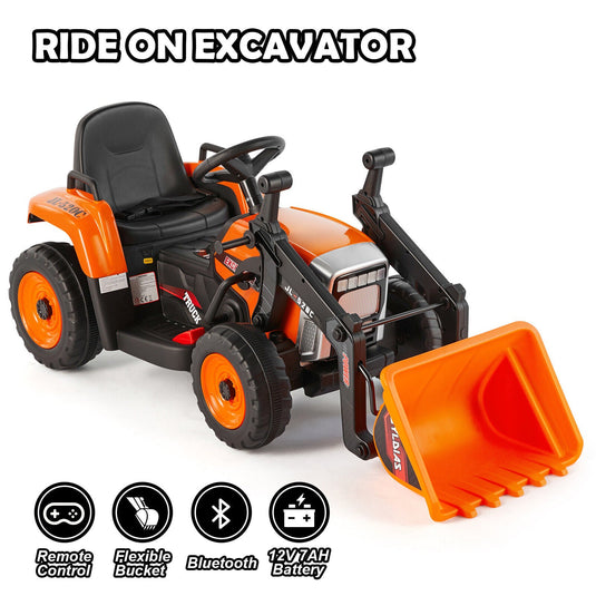 Electric Orange Ride-On Excavator Truck with Music, Lights, and Remote Control - 12V, 3 Speeds