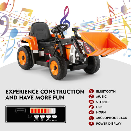 Electric Orange Ride-On Excavator Truck with Music, Lights, and Remote Control - 12V, 3 Speeds
