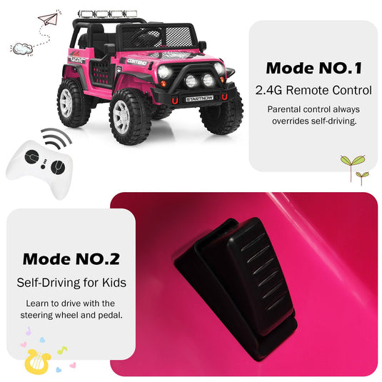 Electric Pink Ride On Truck for Kids with Remote Control & Lights - 12V