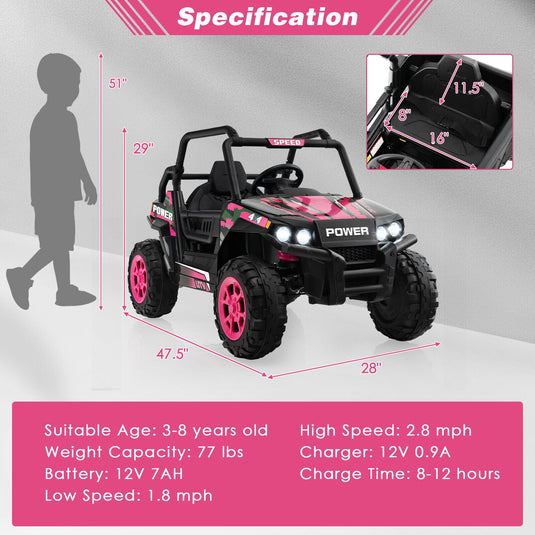 Electric Pink UTV Ride-On Truck for Kids with Remote Control, LED Lights, and Music