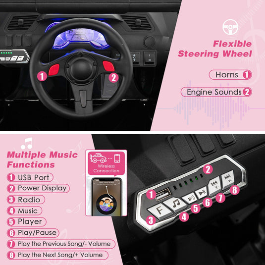 Electric Pink UTV Ride-On Truck for Kids with Remote Control, LED Lights, and Music