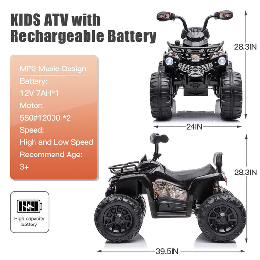 Electric ATV 4-Wheeler Quad Car Toy for Kids - 12V, 2 Speeds, Headlights, MP3 Compatible