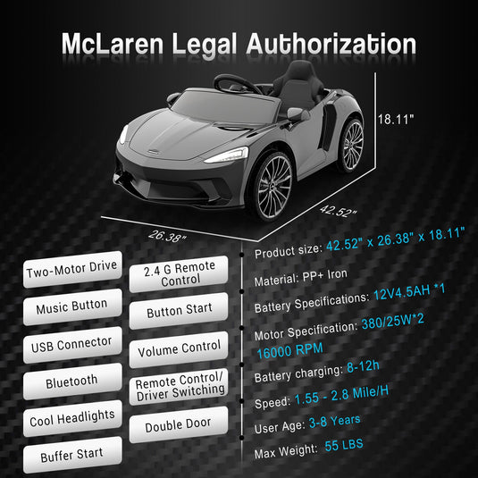 12V Licensed McLaren Battery Powered 2 Speed Sports Car Toy for Kids