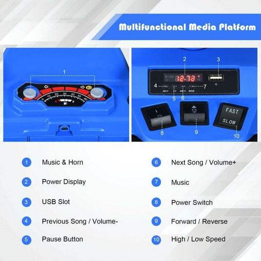 Electric Ride-On Car for Kids with 2 Speeds, MP3 Player, LED Lights, and Treaded Tires - 12V