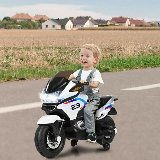 Load image into Gallery viewer, Electric Ride-On Motorcycle for Kids with Training Wheels and Lights - White

