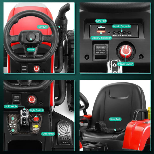 Electric Ride-On Tractor for Kids with Remote Control, LED Lights, and Music Player