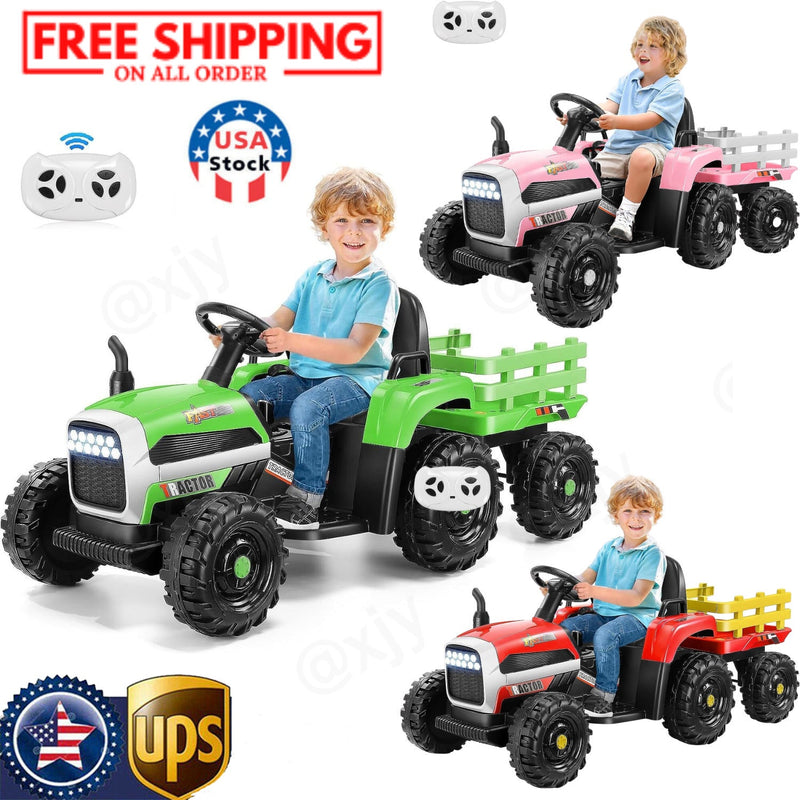 Load image into Gallery viewer, Electric Ride-On Tractor for Kids with Trailer - 12V Powered Fun!
