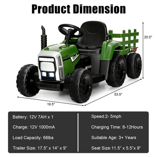 Electric Ride-On Tractor with Trailer and Remote Control - Dark Green with Lights