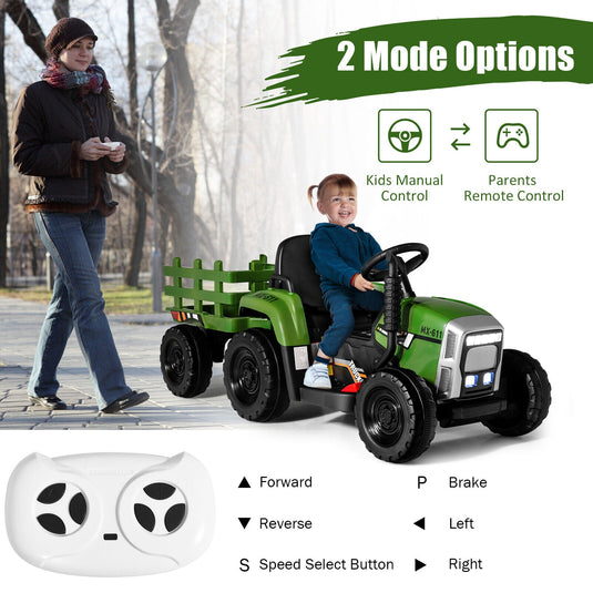 Electric Ride-On Tractor with Trailer and Remote Control - Dark Green with Lights