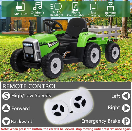 Electric Ride-On Tractor with Trailer and Remote Control for Kids - 12V Vehicle Toy