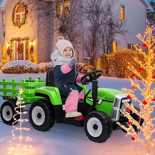 Electric Ride-On Tractor with Trailer for Kids - LED Lights, USB Music Player
