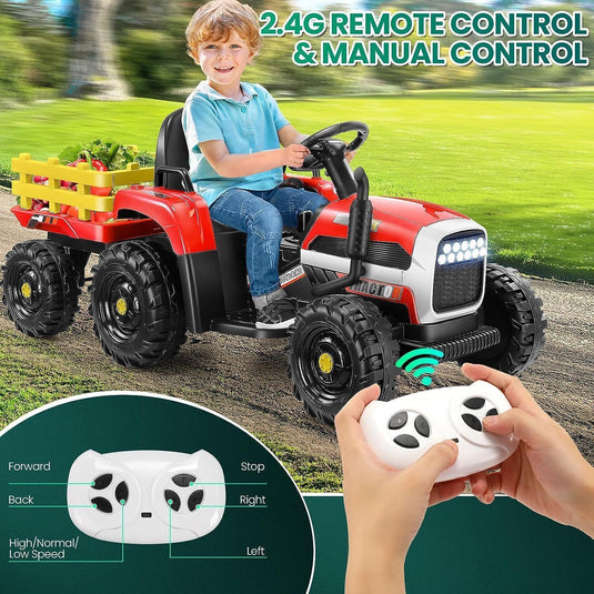 12V Electric Ride On Tractor Car with Trailer and Remote Control - 3 Speeds, 60W Motor