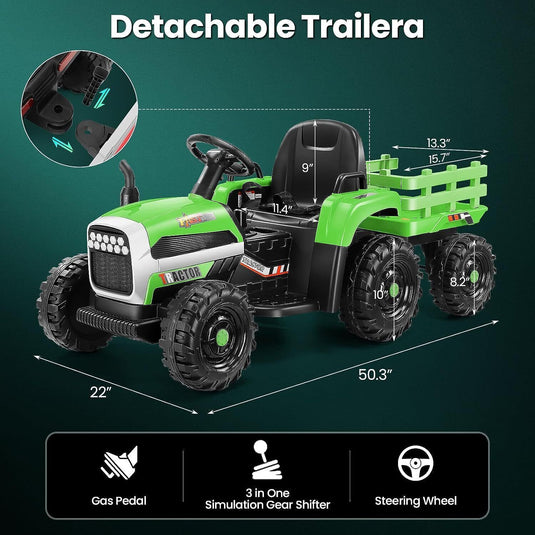 12V Electric Ride On Tractor Car with Trailer and Remote Control - 3 Speeds, 60W Motor