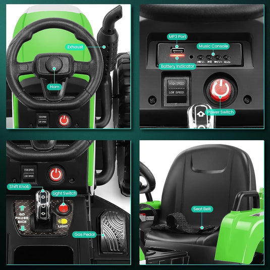 12V Electric Ride On Tractor Car with Trailer and Remote Control - 3 Speeds, 60W Motor