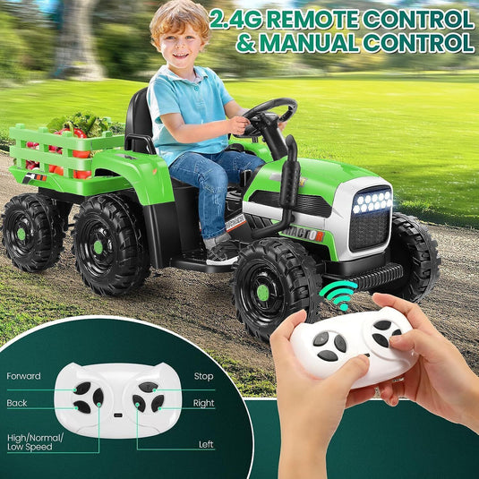 Electric Ride-On Tractor with Trailer for Kids - Remote Controlled Toy Vehicle (12V)