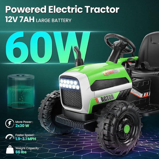 Electric Tractor for Kids with Remote Control, MP3 Player, and LED Lights