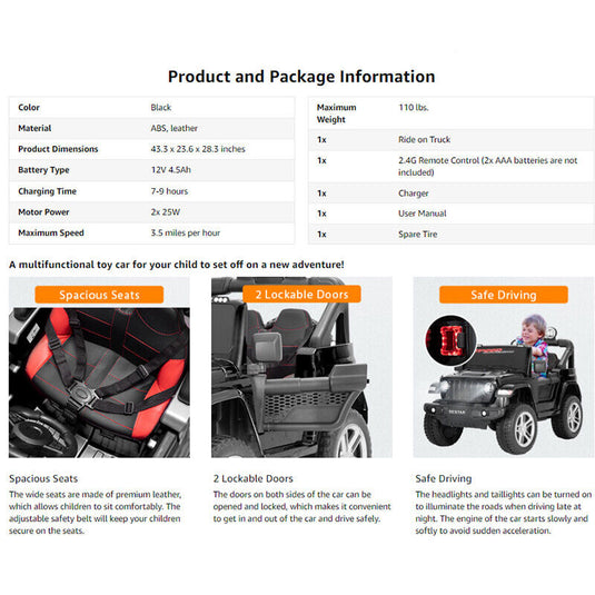 Electric Ride-On Truck for Kids with Parental Remote Control, MP3 Player, LED Lights, and 3 Speed Options