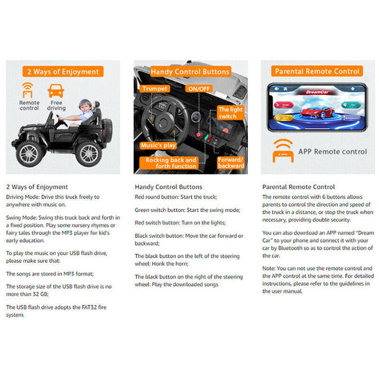 Electric Ride-On Truck for Kids with Parental Remote Control, MP3 Player, LED Lights, and 3 Speed Options