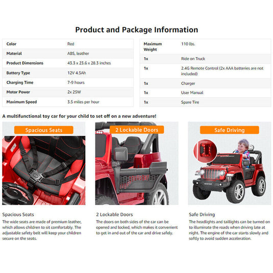 Electric Ride-On Truck for Kids with Remote Control, LED Lights, 3 Speeds, and Music