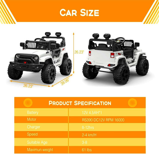 Jeep-Inspired 12V Ride-On Truck for Kids Ages 3-8, White