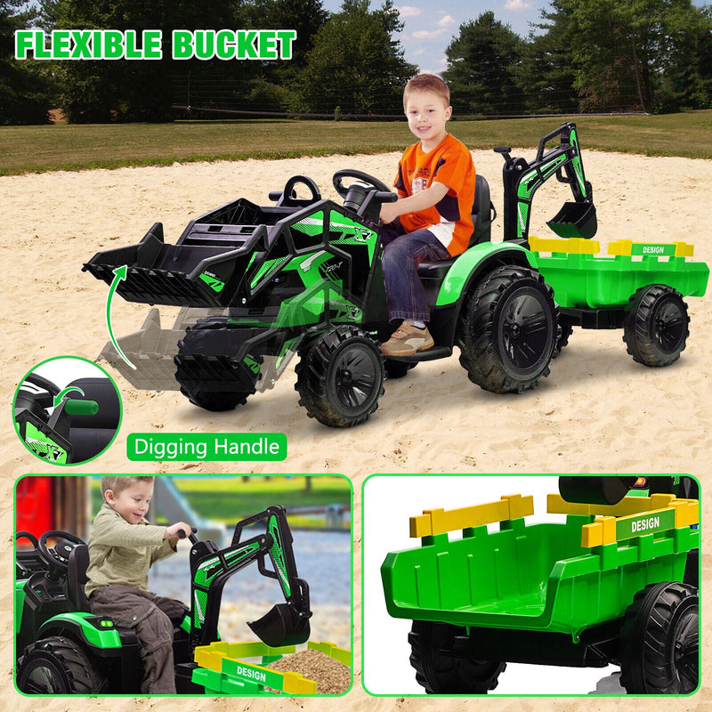 Load image into Gallery viewer, Electric Tractor Ride-On Toy Car for Kids with Trailer &amp; LED Lights - 12V Battery Powered
