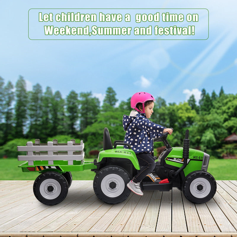 Load image into Gallery viewer, Green Electric Tractor with Trailer Ride-On Toy for Toddlers (12V) - Remote Control Included
