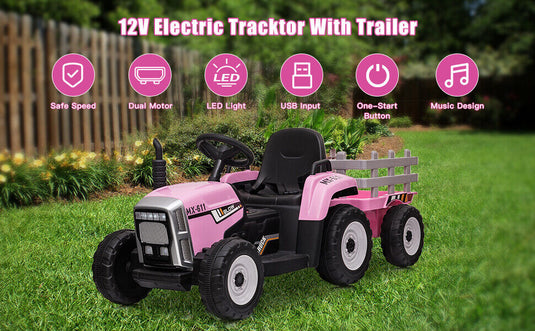 12V Pink Electric Ride-On Tractor with Trailer Bucket for Kids