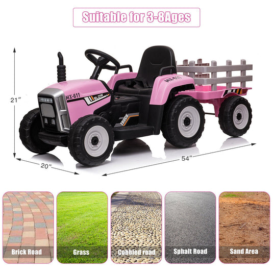 12V Pink Electric Ride-On Tractor with Trailer Bucket for Kids