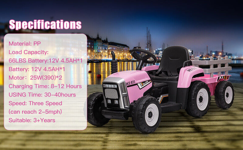 Load image into Gallery viewer, 12V Pink Electric Ride-On Tractor with Trailer Bucket for Kids
