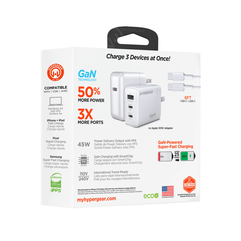 Load image into Gallery viewer, HyperGear SpeedBoost 45W USB-C PD Tri-Port GaN Fast Wall Charger with PPS and 6ft USB-C Cable
