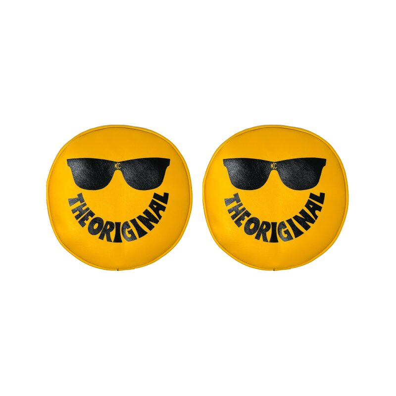 Load image into Gallery viewer, KC HiLiTES Retro 8in Round Yellow Vinyl Light Cover w/ Black KC The Original Logo (Pair)
