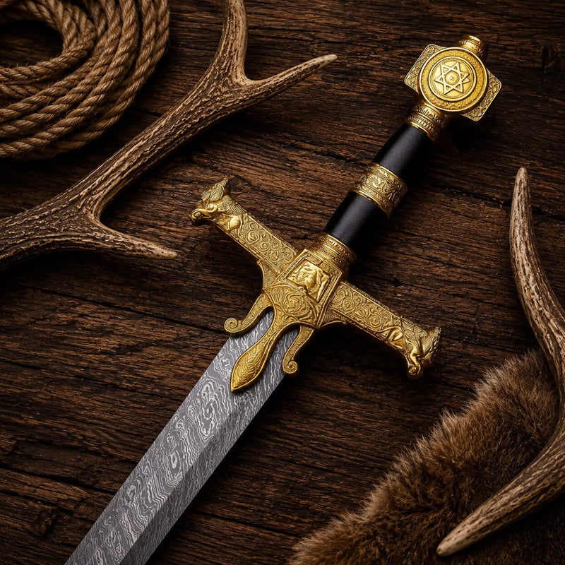 Load image into Gallery viewer, Sigil Sovereign Knight Sword – Damascus Blade Golden Crossguard Medieval Display
