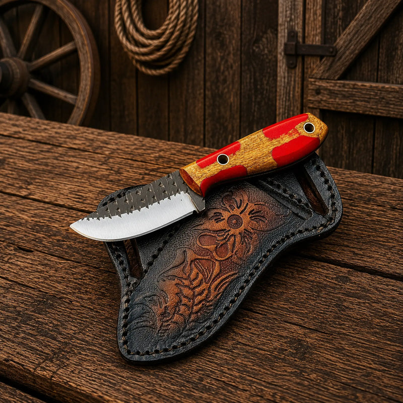 Load image into Gallery viewer, Compact Cowboy Skinning Knife – Rasp Steel with Belt Sheath
