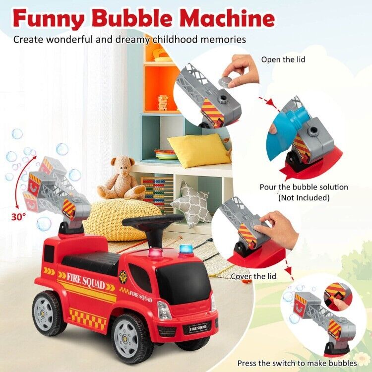 Load image into Gallery viewer, Fire Truck Foot-to-Floor Push Car with Music &amp; Bubble Maker for Kids
