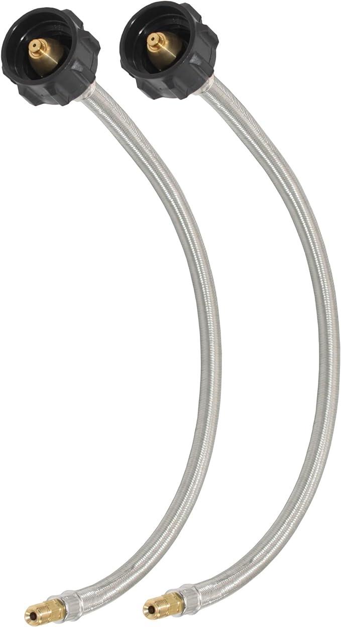 Load image into Gallery viewer, Flame King 1/4" Inverted Male Flare Stainless Steel Braided Propane Pigtail Hose 2-Pack for RV Regulators
