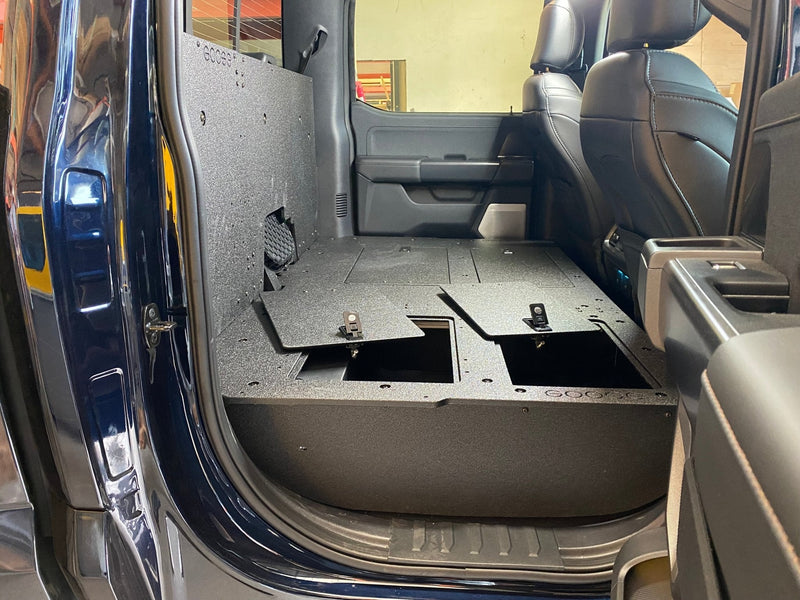 Load image into Gallery viewer, Ford - F150 2021-Present - 14th Gen. SuperCrew - Second Row Seat Delete Plate System with Factory B&amp;O Subwoofer Center Wall with Exterior Port
