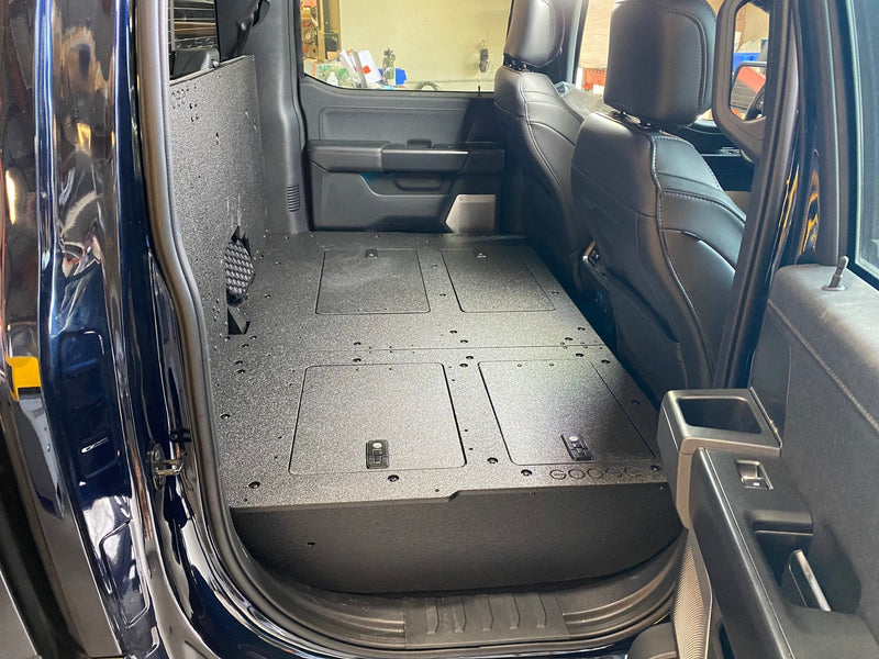 Load image into Gallery viewer, Ford - F150 2021-Present - 14th Gen. SuperCrew - Second Row Seat Delete Plate System with Factory B&amp;O Subwoofer Center Wall with Exterior Port
