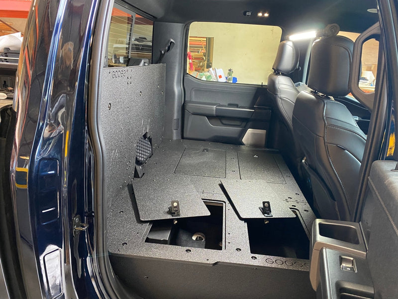 Load image into Gallery viewer, Ford - F150 2021-Present - 14th Gen. SuperCrew - Second Row Seat Delete Plate System with Factory B&amp;O Subwoofer Center Wall with Exterior Port
