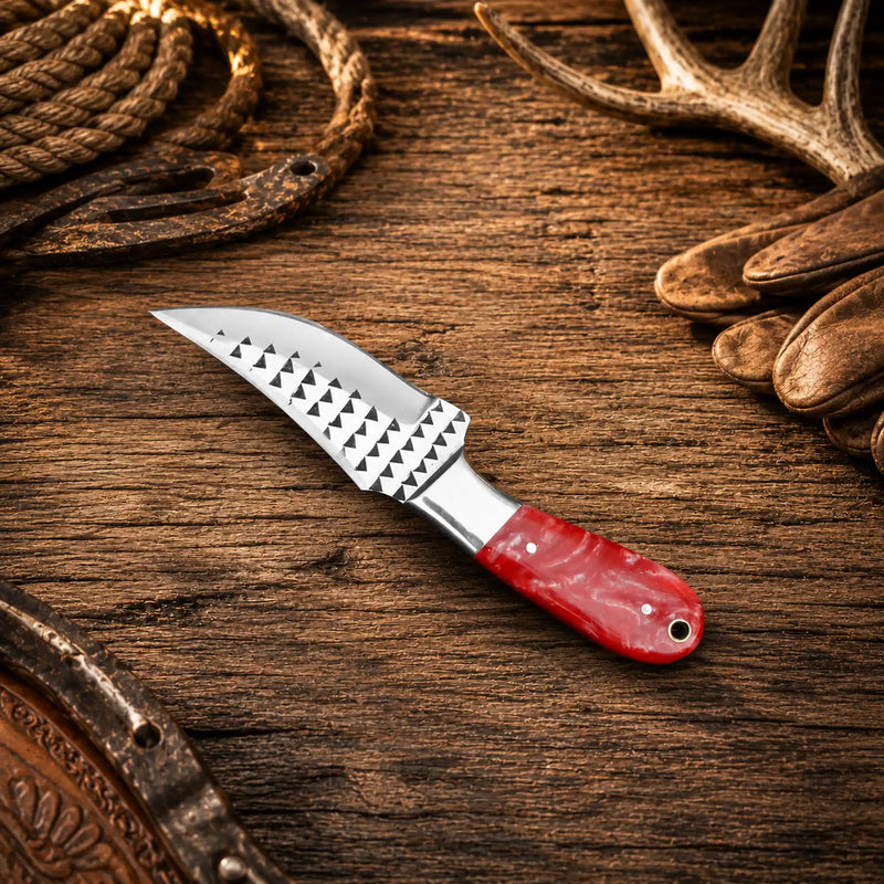 Load image into Gallery viewer, Hand-Forged Rasp Steel Cowboy Skinning Knife – Epoxy Resin Handle &amp; Pancake Leather Sheath
