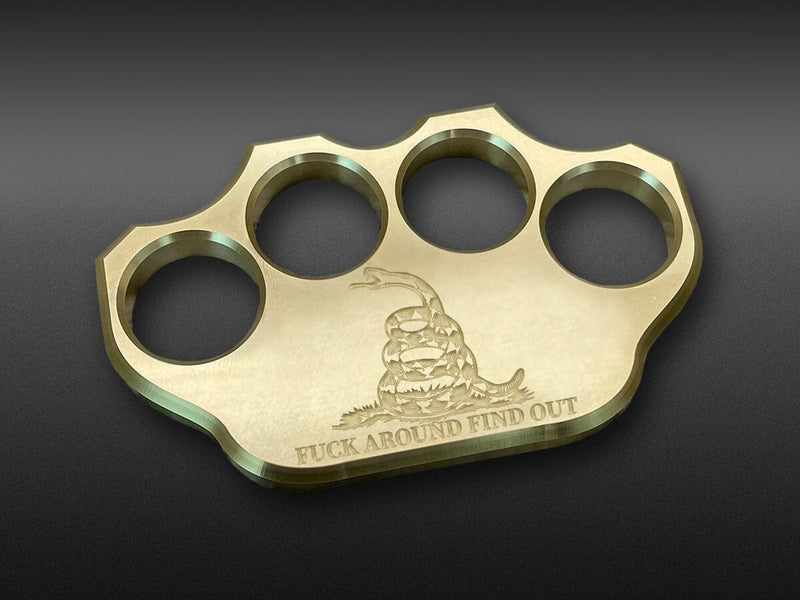 Load image into Gallery viewer, Milspin 3/4lb Brass Knuckle F*ck Around Find Out Solid Brass Paperweight
