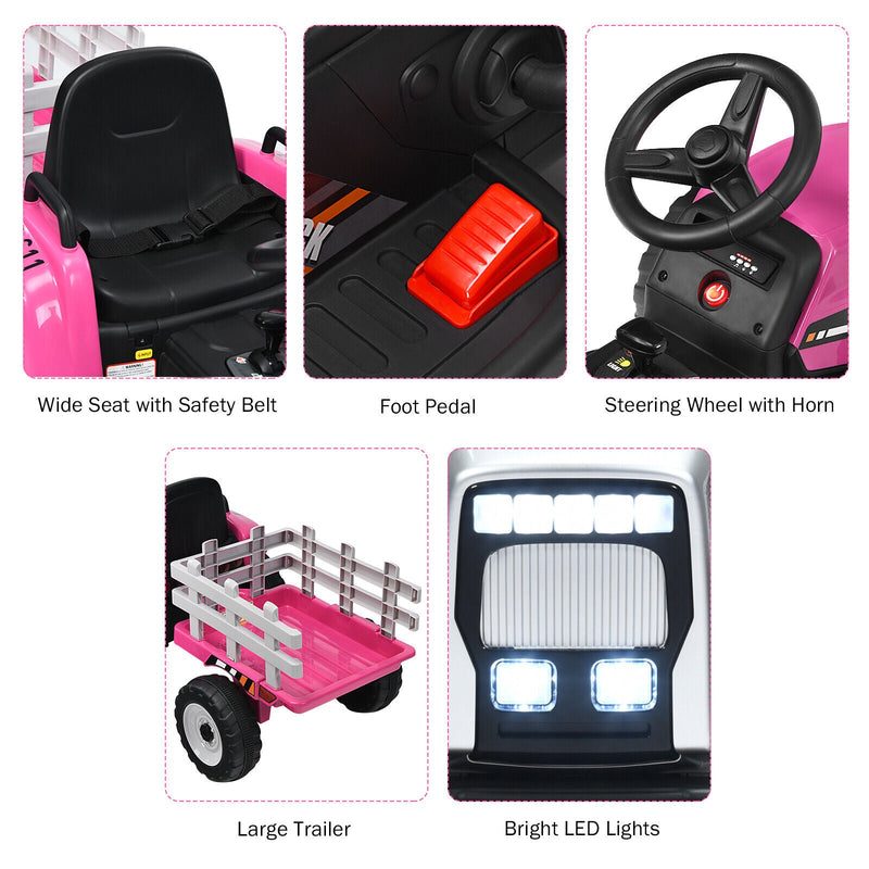 Load image into Gallery viewer, Fun and Functional 12V Pink Ride-On Tractor with Trailer and Remote Control for Kids, Featuring Lights and Ground Loader
