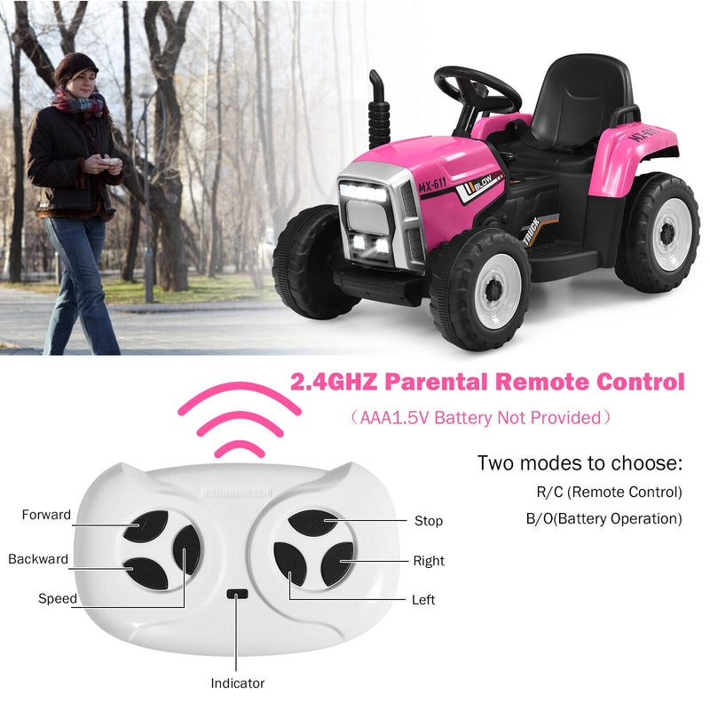 Load image into Gallery viewer, Fun and Functional 12V Pink Ride-On Tractor with Trailer and Remote Control for Kids, Featuring Lights and Ground Loader

