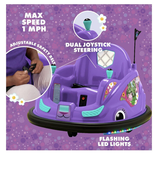 Gabby's Dollhouse 6V Bumper Car: Fun Ride with LED Lights