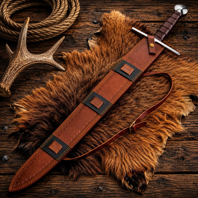 Load image into Gallery viewer, Medieval Crusader Sword – Black Templar Legendary Longsword with Leather Sheath
