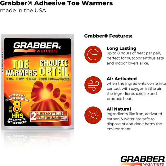 Grabber Toe Warmers - Long Lasting Safe Natural Odorless Air Activated Warmers - Up to 8 Hours of Heat - 40 Pair Box