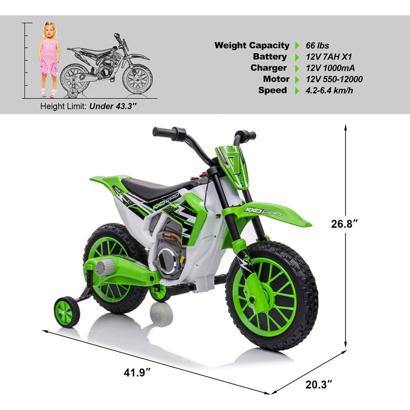 Load image into Gallery viewer, Green 12V Electric Kids Ride-On Motorcycle with Training Wheels
