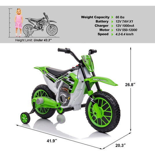 Green 12V Electric Kids Ride-On Motorcycle with Training Wheels