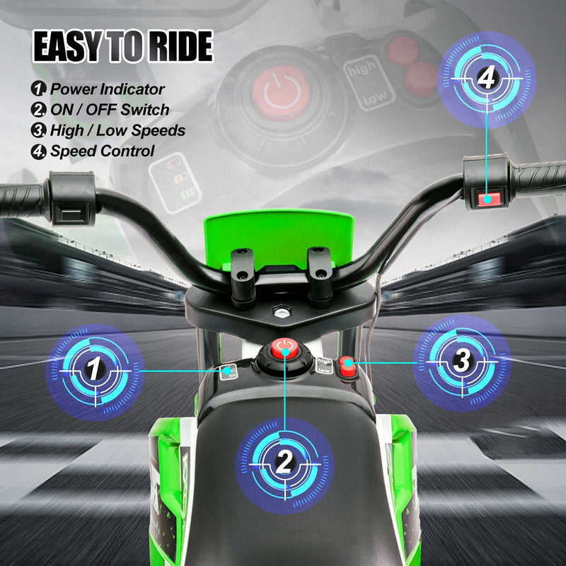 Load image into Gallery viewer, Green 12V Electric Kids Ride-On Motorcycle with Training Wheels
